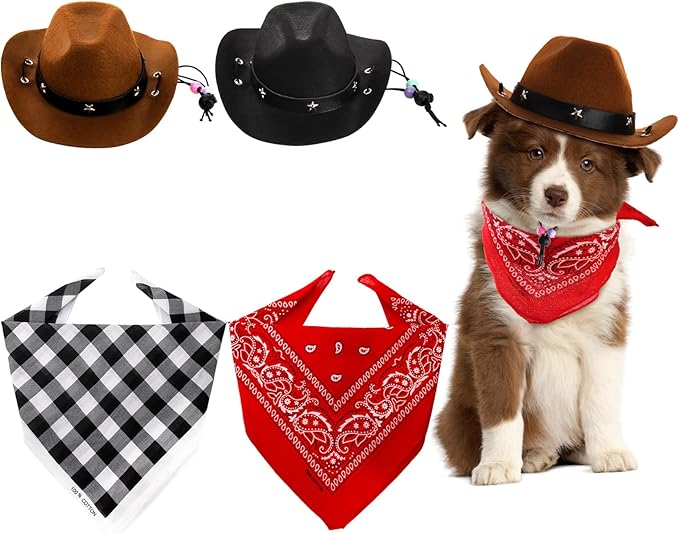 4 Pack Pet Cowboy Costume Accessories Set, 2 Pcs Cowboy Hat and 2 Pcs Bandana Scarf, Puppy Kitten Halloween Christmas Costume, West Cowboy Accessories Party Cosplay Wearing for Cats Small Dogs