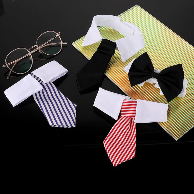 4Pcs Pet Bow Tie Adjustable White Dog Collar with Formal Classy Stripped Neck Tie Dog Tie Puppy Grooming Ties Party Accessories for Small Dogs and Cats (S, Black, Red, Blue)