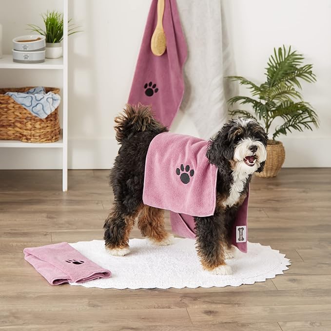 Bone Dry Pet Grooming Towel Collection Absorbent Microfiber Drying Set 15x30", Embroidered 3 Count