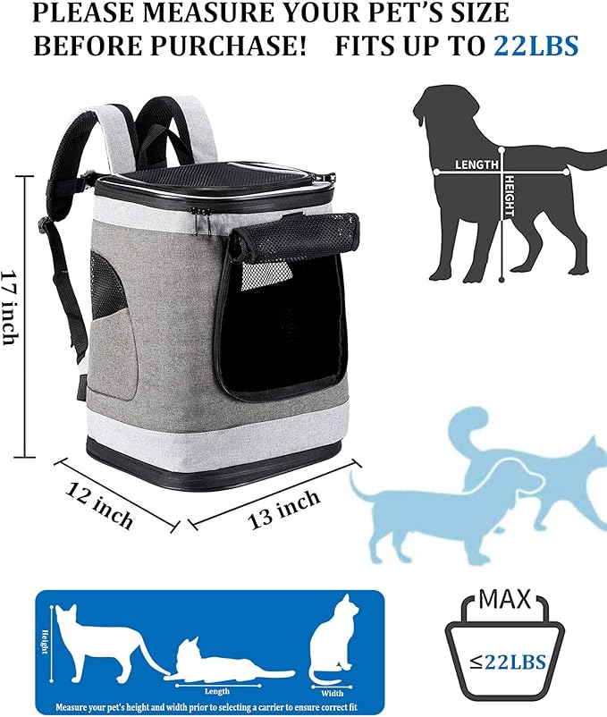 Comfortable Dog & Cat Carrier Backpack, with Safety Features and Cushion Back Support, for Travel Hiking Walking