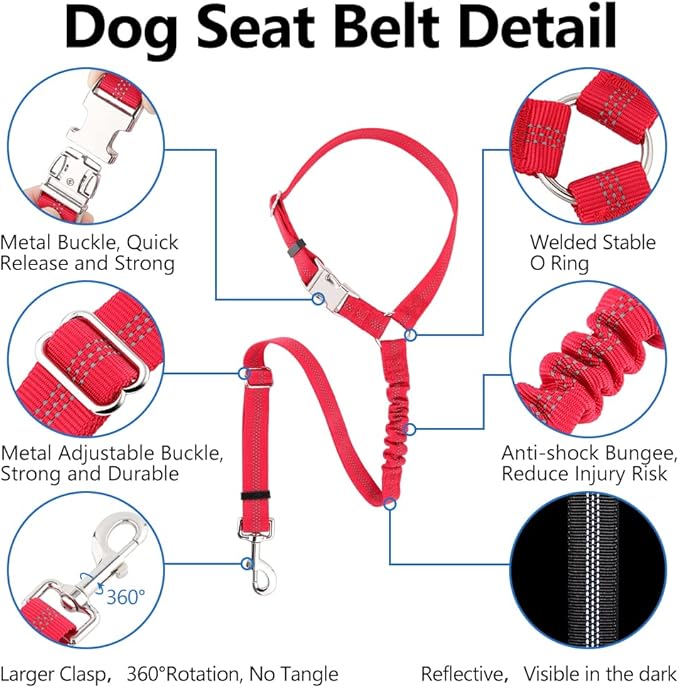 Plutus Pet Dog Seat Belt for Car Headrest, Reflective and Adjustable Restraint with Elastic Bungee for Safety, Vehicle Seatbelt Harness for Small Medium Large Dogs and Cats