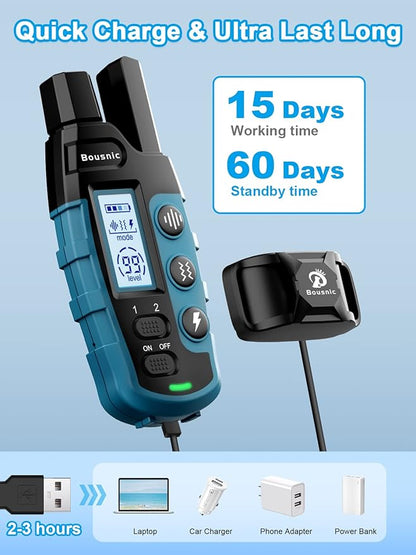 Bousnic Dog Shock Collar 2 Dogs (5-120Lbs) 3300 ft (1-8) Vibration (1-16) and (1-99) Modes