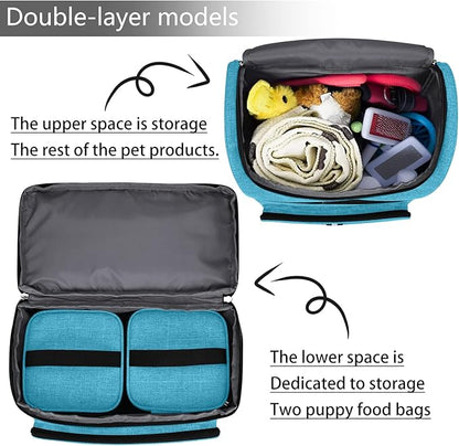 BAGLHER Pet Travel Bag, Double-Layer Pet Supplies Backpack (for All Pet Travel Supplies), Pet Travel Backpack with 2 Silicone Collapsible Bowls and 2 Food Baskets Sky Blue