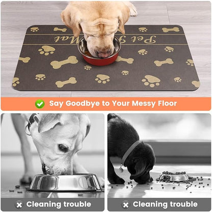 Pet Feeding Mat-Absorbent Pet Placemat for Food and Water Bowl (16"x24", Brown)