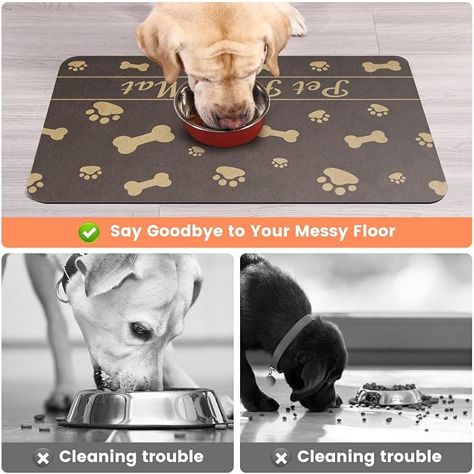 Pet Feeding Mat-Absorbent Pet Placemat for Food and Water Bowl (12"x20", Brown)