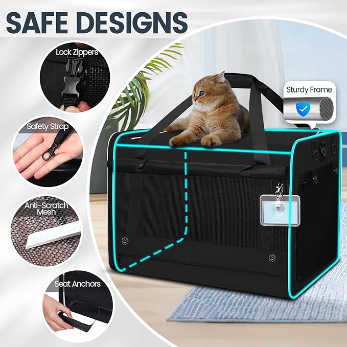 Petskd Extra Large Cat Carrier for 55LBS Pet Car Travel with Litter Box, 24"x17"x17" Soft Large Cats or Medium Dog Carrier with 5 Breathable Mesh Windows and Locking Zippers for Long Distance(Black)