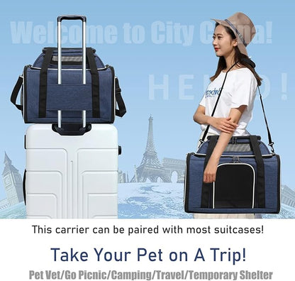 HSC PET Cat Carriers Small Dog Bag,Top-Expandable Pet Carrier Soft-Sided Carrier for Cats/Pups/Rabbit Safety Zippers with 2 Bleathable Mesh Side Pockets (Navy Blue)