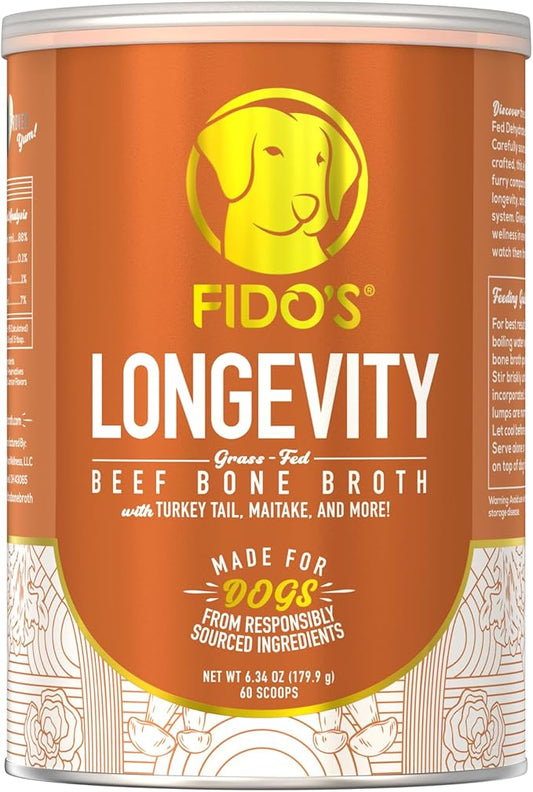 Fido's Longevity Bone Broth for Dogs - Turkey Tail + Maitake Mushroom - Grass-Fed Beef Bone Broth Powder - Dog Immune Support - Mushroom Supplement for Dogs - Dog Food Topper for Dry Food - 60 Scoops