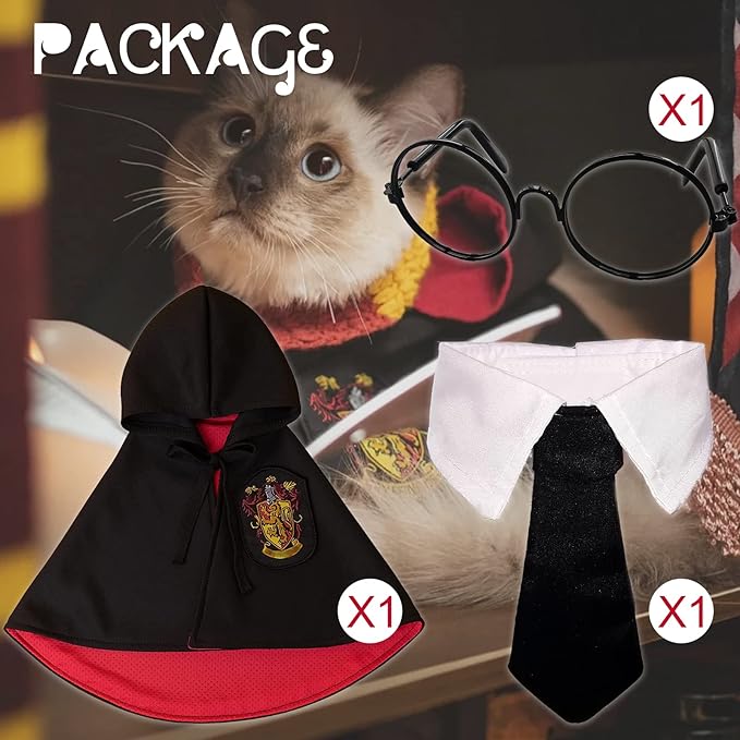 Cat Costumes 3 Piece Set with Glasses and Neckties, Cat Dog Cosplay Costume Set, Perfect for Party and Gifts for Cat Dog (Red&Black, Large)