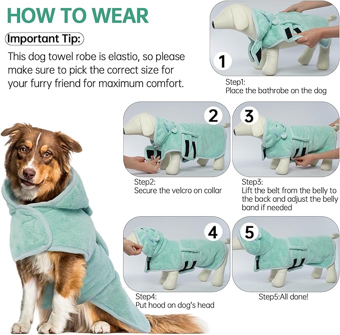 Dog Bathrobe Dog Drying Coat, Microfibre Material Fast Drying Super Absorbent Dog Bath Towel, Magic Sticker & Belly Strap, Dog Robes for After Bath Dog Bath Robe for Puppy Small Medium Large Dog Cat