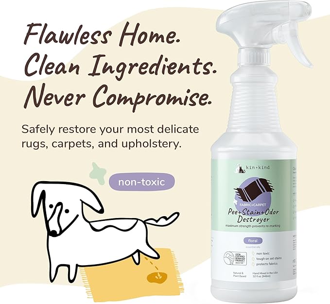 kin+kind Pet Odor Eliminator for Home - Litter Deodorizer, Pet Urine Odor Eliminator Spray and Stain Remover Spray for Harwood Floods, Carpet and Fabric - Pee, Odor and Stain Destroyer 32 fl oz