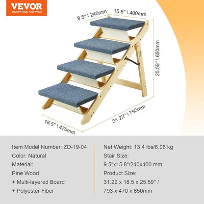 VEVOR Wood Pet Stairs/Pet Steps 2-in-1 Foldable 4 Steps 150 lbs