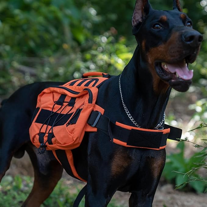 Large Dog Backpack, Outdoor Hound Saddle Bag Dog Pack with Side Pockets for Small Medium Large Dogs, Adjustable Tactical Dog Pack for Hiking, Travel, Camping, Training Orange L