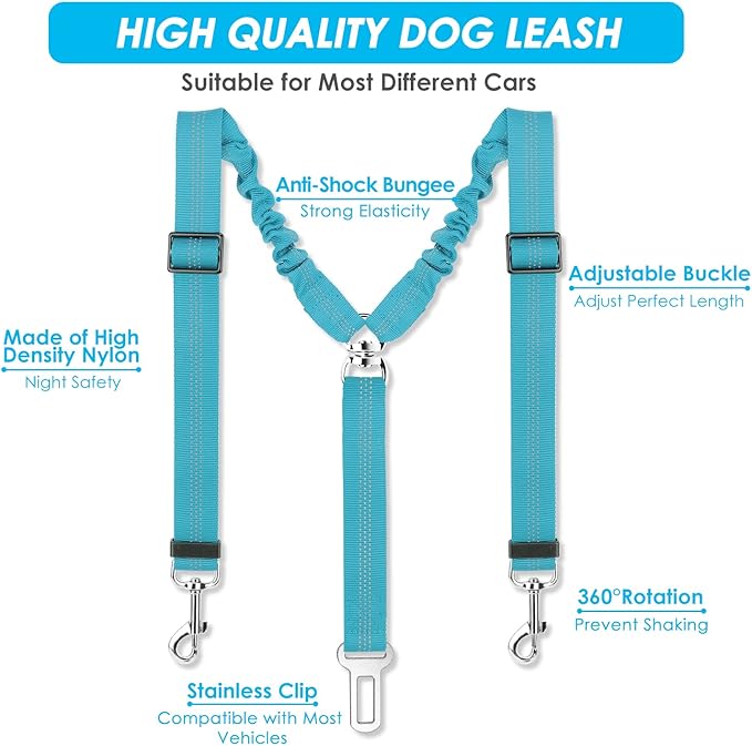 SlowTon Dog Seat Belt, Double Dog Seatbelt Adjustable Vehicle Safety Leash with Elastic Bungee Buffer, Reflective No Tangle Y Shape Two Dog Harness Seat Belt Splitter for Pets Car Trip (Mint Blue, S)