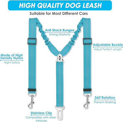 SlowTon Dog Seat Belt, Double Dog Seatbelt Adjustable Vehicle Safety Leash with Elastic Bungee Buffer, Reflective No Tangle Y Shape Two Dog Harness Seat Belt Splitter for Pets Car Trip (Mint Blue, S)