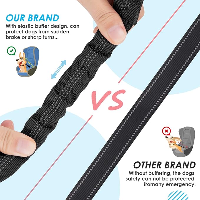 SlowTon Dog Seat Belt, Double Dog Seatbelt Adjustable Vehicle Safety Leash with Elastic Bungee Buffer, Reflective No Tangle Y Shape Two Dog Harness Seat Belt Splitter for Pets Car Trip (Black, S)