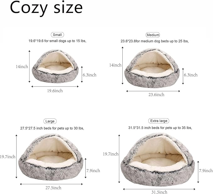 Calming Dog Beds & Cat Cave Bed with Hooded Cover，Washable Round Beds for Small Medium Pets，Cozy for Indoor Cats or Small Dog beds to25 Medium 23.6, Grey