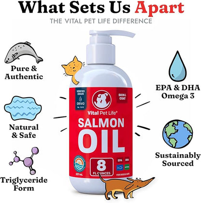 Salmon Oil for Dogs & Cats - Healthy Skin & Coat, Fish Oil, Omega 3 EPA DHA, Liquid Food Supplement for Pets, All Natural, Supports Joint & Bone Health, Natural Allergy & Inflammation Defense, 8 oz