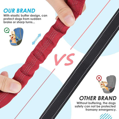 SlowTon Dog Seat Belt, Double Dog Seatbelt Adjustable Vehicle Safety Leash with Elastic Bungee Buffer, Reflective No Tangle Y Shape Two Dog Harness Seat Belt Splitter for Pets Car Trip (Red, M)