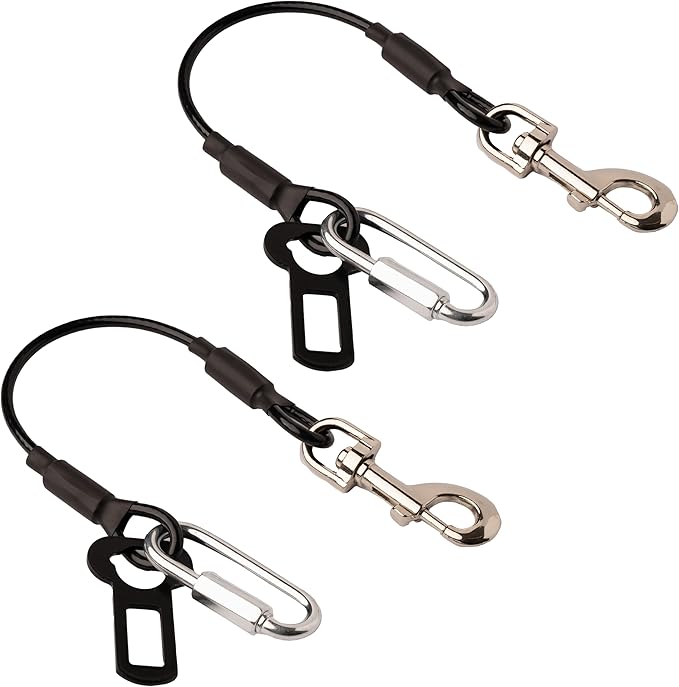 Leashboss 2 Pack Dog Car Seat Belt Restraints - Dog Seatbelt Harness for Car - No-Chew Heavy Duty Tether Cable - Coated Steel Rope Wire Leash to Prevent Chewing - Seat Belt Clip and Latch Carabiner