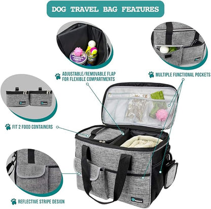 PetAmi Dog Travel Bag, Travel Pet Bag Organizer, Dog Food Travel Bag with Food Container and Bowls, Dog Travel Supplies Gift Accessories for Weekend Camping, Dog Cat Diaper Bag (Grey, Medium)