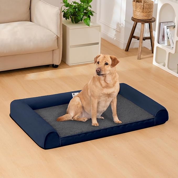 XXL Dog Bed - Luxury Faux Fleece Dog Sofa Bed for Giant Dogs, Bolster Support, Egg-Crate Foam Pet Couch Bed with Removable Washable Cover, Nonskid, Blue