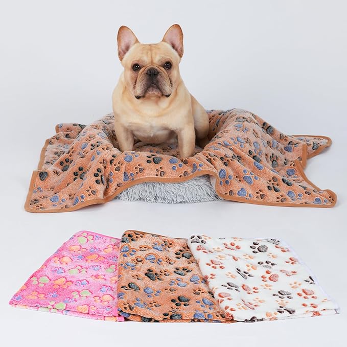 1 Pack 3 Blankets Super Soft Fluffy Premium Fleece Pet Blanket Flannel Throw for Dog Puppy Cat Paw Brown/Pink/White Large(41x31 inch)