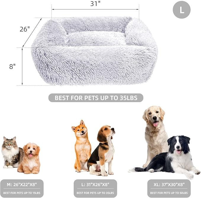 31 Inch Calming Dog Beds for Small Medium Large Dogs, Soft Faux Fur Fluffy Cuddler Cat Bed, Washable Rectangle Anti-Slip Plush Pet Bed, Light Grey