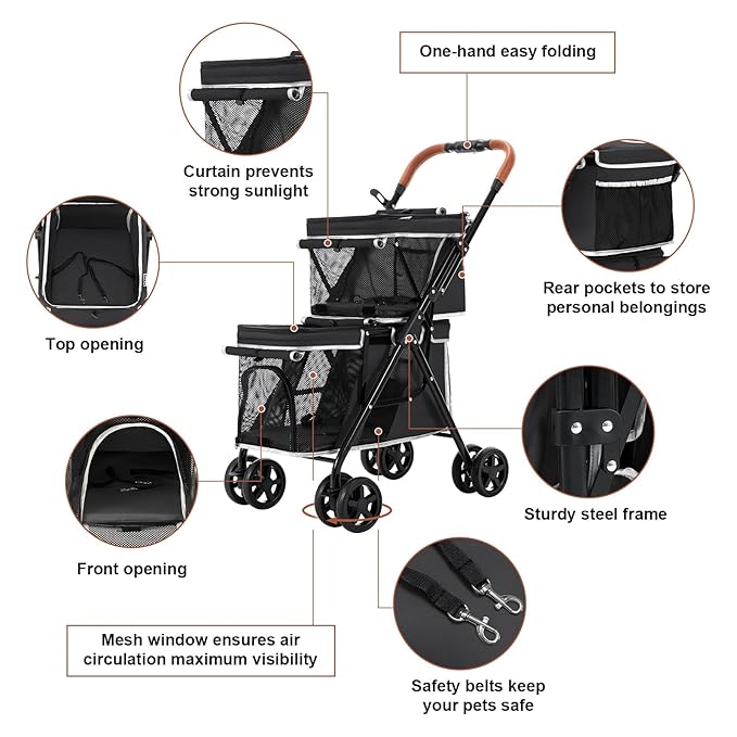 Double Pet Stroller for Dogs and Cats 4 Wheels,