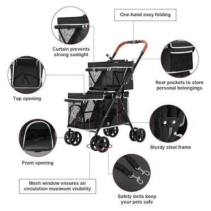 Double Pet Stroller for Dogs and Cats 4 Wheels,
