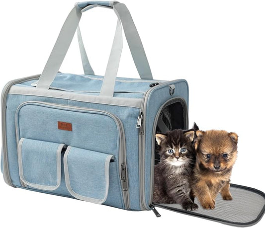 HSC PET Cat Bag Small Dog Carrier,Light Blue,Airline Approved,Expandable Soft-Sides Travel Handbag for Large Kitty,Puppy,Kittens Sturdy Transport Trip Totes,MAX 25lb(Blue,2Sides Expandable)