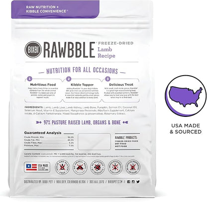 BIXBI Rawbble Freeze Dried Dog Food, Lamb Recipe, 26 oz - 97% Meat and Organs, No Fillers - Pantry-Friendly Raw Dog Food for Meal, Treat or Food Topper - USA Made in Small Batches