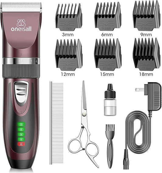 oneisall Dog Clippers Low Noise, 2-Speed Quiet Dog Grooming Kit Rechargeable Cordless Pet Hair Clipper Trimmer Shaver for Small and Large Dogs Cats Animals (Brown)