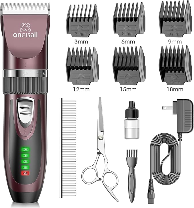 oneisall Dog Clippers Low Noise, 2-Speed Quiet Dog Grooming Kit Rechargeable Cordless Pet Hair Clipper Trimmer Shaver for Small and Large Dogs Cats Animals (Brown)