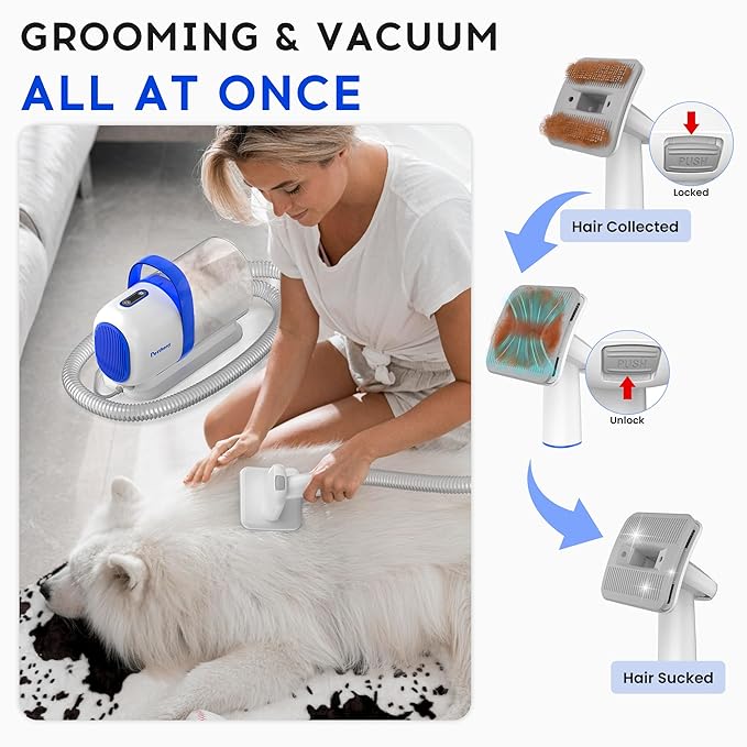 Dog Grooming Vacuum Kit for Dog Hair Shedding with Pet Clipper Nail Grinder, 2.2L Dust Cup Dog Brush Vacuum Fur Groomer with 7 Grooming Tools, Home Cleaning, 5 Suction Levels