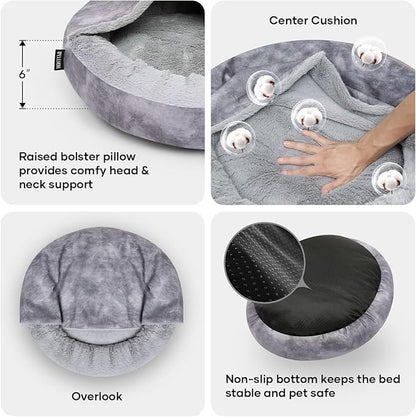 Cozy Soft Dog Bed with Hooded Blanket Warm Calming Cat Cave for Small Medium Dogs and Cats 23x23x6″