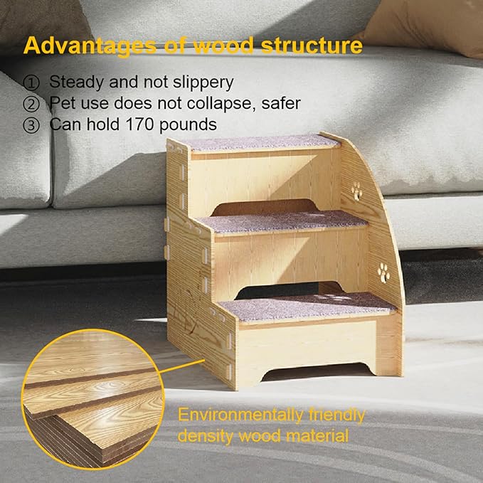 EWES Wooden Dog Stairs for Small Dogs 13.8 Inch High 3 Steps