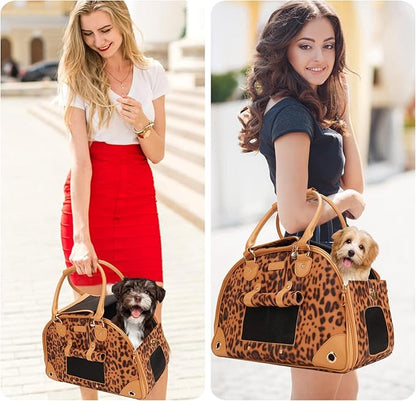 Dog Carrier, Cat Carrier, Pet Carrier, Foldable Premium PU Leather Dog Purse, Portable Tote Bag Carrier for Small to Medium Cats and Small Dogs（Leopard Print-Medium）