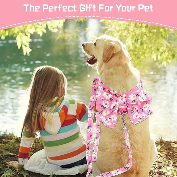 Dog Harness Vest Set for Small Girl Dogs with D-Ring Soft Comfortable Mesh Dog Harness Vest Pet Daisy Floral Bow Tie for Small Medium Large Dogs (Pink, XS)