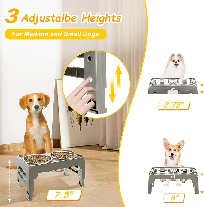 Elevated Dog Bowls for Small Dogs 3 Height Adjustable Raised Dog Bowl Stand with 25oz Stainless Steel Dog Food Bowls Anti-Slip Small Dog Feeder Adjusts to 7.5", 6", 2.75", Light Brownish Gray