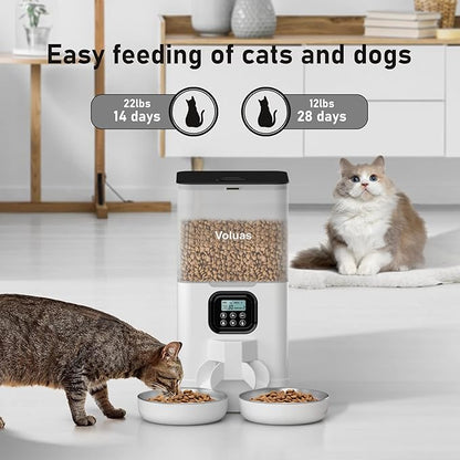 Voluas Automatic Cat Feeders for Two Cats, Double Pet Feeder with 2 Stainless Steel Bowls,6L Timed Cat Feeder with Memory Function, Pet Food Dish