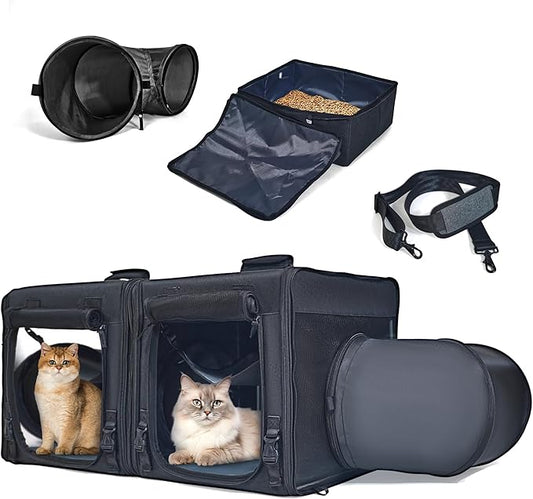 Portable Cat Carrier with Litter Box - Pet Carrier for 2 Cats and Puppy Home, Car Cat Travel Carrier, Outdoor Collapsible Cat Tunnel Toy, Includes Tote Bag/Soft Hammock/Mat, Large Cat Cage