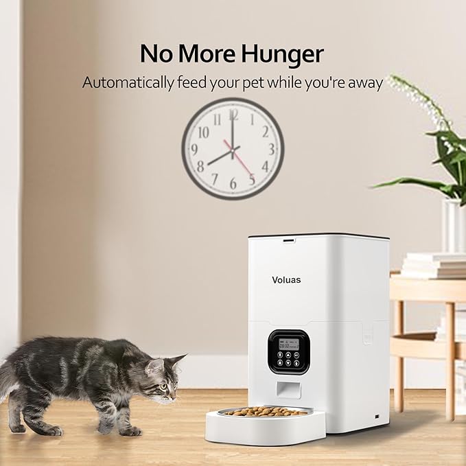 VOLUAS Automatic Cat Feeders - Pet Food Dispenser for Dry Food, Timed Cat Feeder with Desiccant Bag, Programmable Portion Size Control 4 Meals Per Day, 10s Voice Recorder