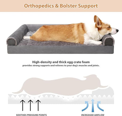 Orthopedic Dog Bed Washable Large Dog Bed Waterproof Dog Beds Large Sized Dog Couch Egg Foam Dog Crate Bed with Removable Bolsters & Nonslip Bottom 35" x 22" x 6", Grey