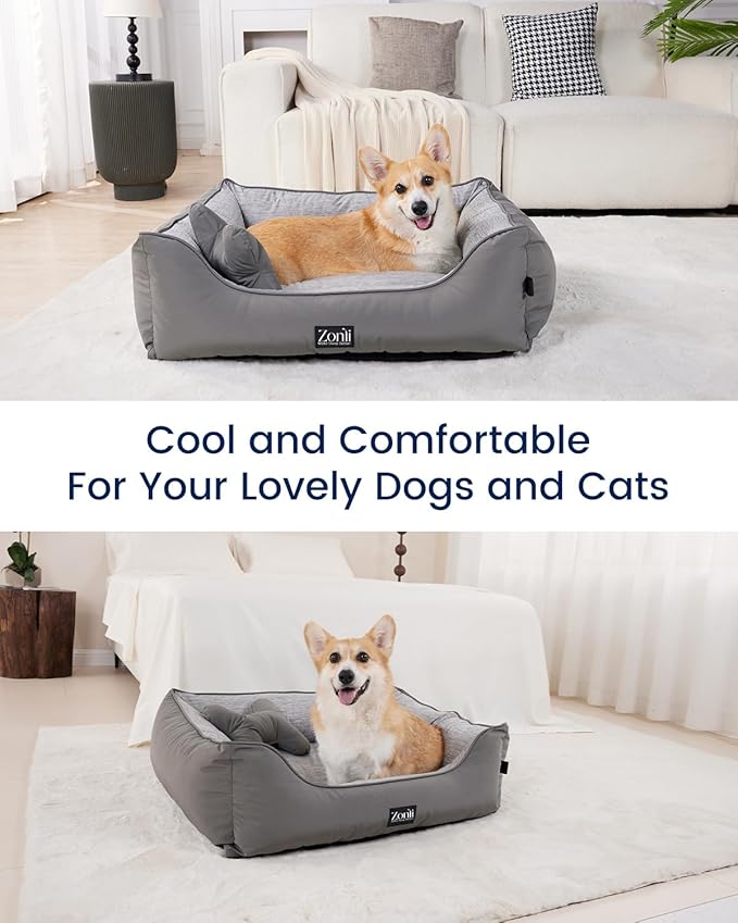 ZonLi Cooling Dog Bed, Dog Bed for Small Dogs & Cats, Dog Cooling Bed with Bolsters Waterproof, for Dogs Up to 15 lbs, Pet Bed with Washable Cover, Non-Slip Bottom, Without Gel, Arctic Grey