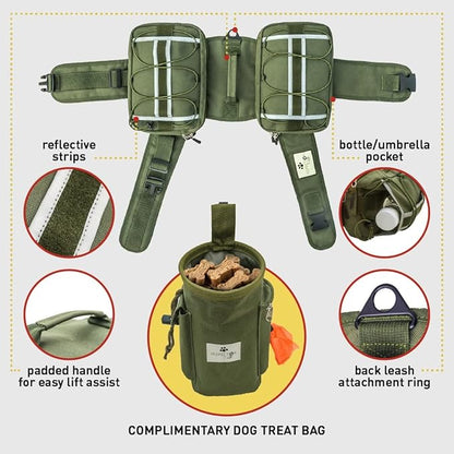 Comfortable Backpack for Anxious & Energetic Dogs w Treat Bag Bundle | Saddle Bag for More Focused & Calmer Hound | Reflective & Lightweight Harness w Roomy Pockets | Khaki