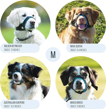 Gentle Muzzle Guard for Dogs - Prevents Biting and Unwanted Chewing Safely – New Secure Comfort Fit - Soft Neoprene Padding – No More Chafing – Training Guide Helps Build Bonds with Pet (M, Blue)