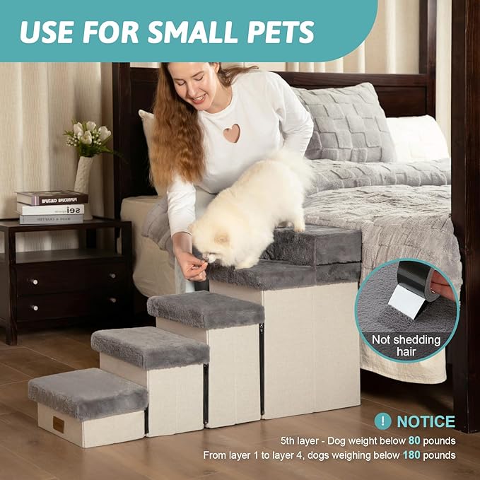 C0ZY KISS Dog Storage Stairs for Bed 21" H 39.7x13x21.2in, Grey, 5 Tiers
