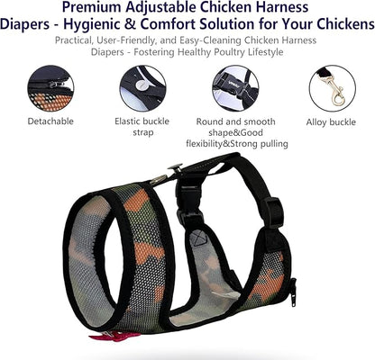 Premium Chicken Harness - Adjustable, Breathable, and Durable in Cool Camouflage Blue with Matching 5.4ft Leash for Happy Hens (Large, Camouflage Green)