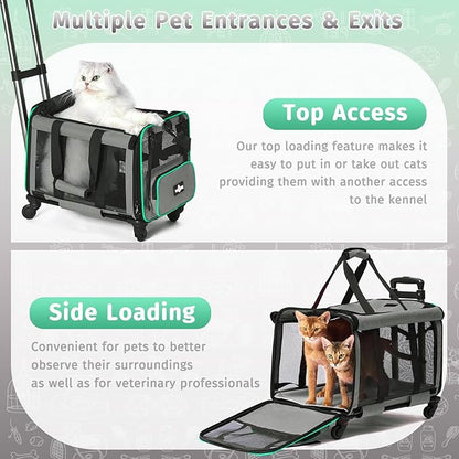 Large Cat Carrier with Wheels, Foldable Rolling Cat Carrier for 2 Cats with Wheels for Cat Dog Under 30 lbs, Cat Carrier Travel Bag with Large Pocket for Outdoor, Gray